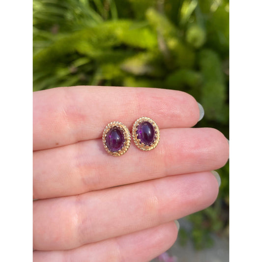 Vintage Solid 14k Yellow Gold Ornate Amethyst Stud Earrings