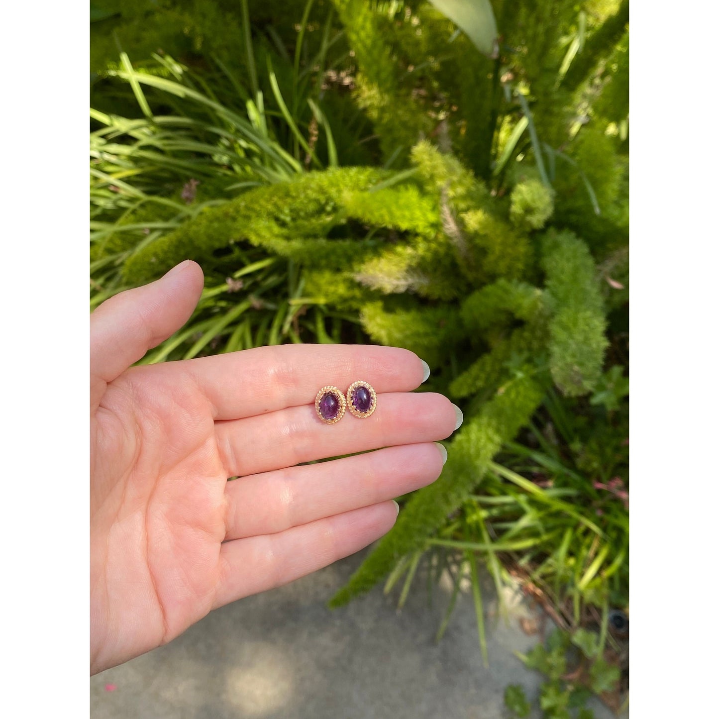 Vintage Solid 14k Yellow Gold Ornate Amethyst Stud Earrings