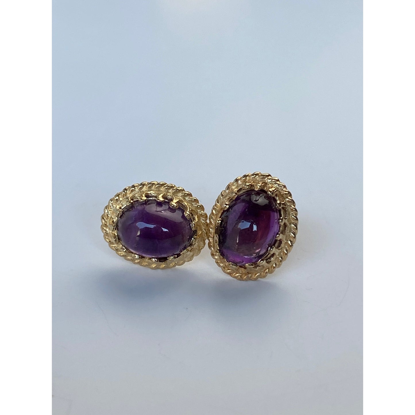 Vintage Solid 14k Yellow Gold Ornate Amethyst Stud Earrings