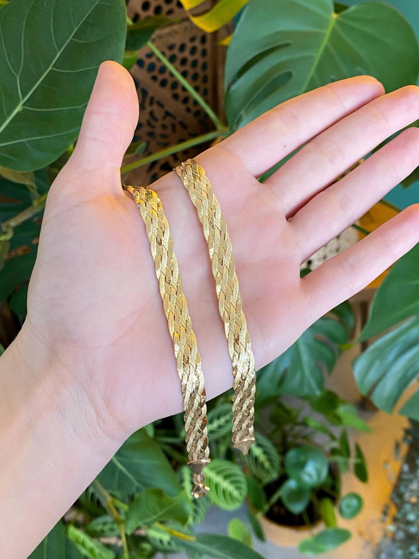 Vintage Solid 14k Yellow Gold Woven Flat Chain Necklace - 16.75 inches