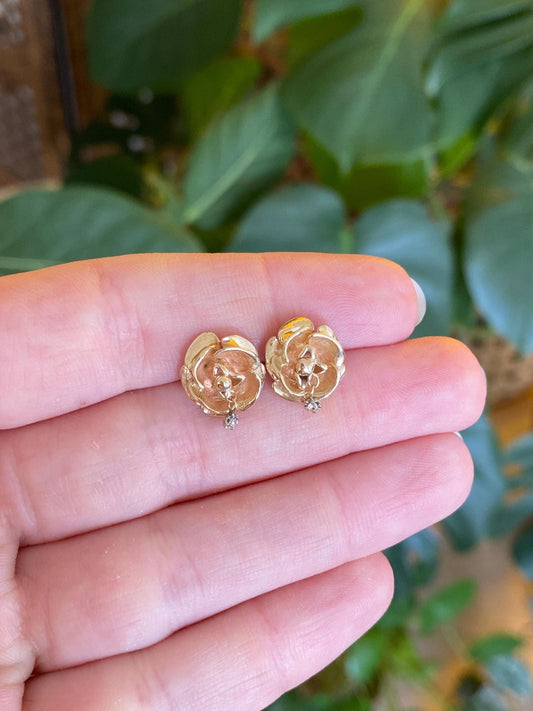 Vintage Solid 14k Yellow Gold Clear Sapphire Rose Stud Earrings