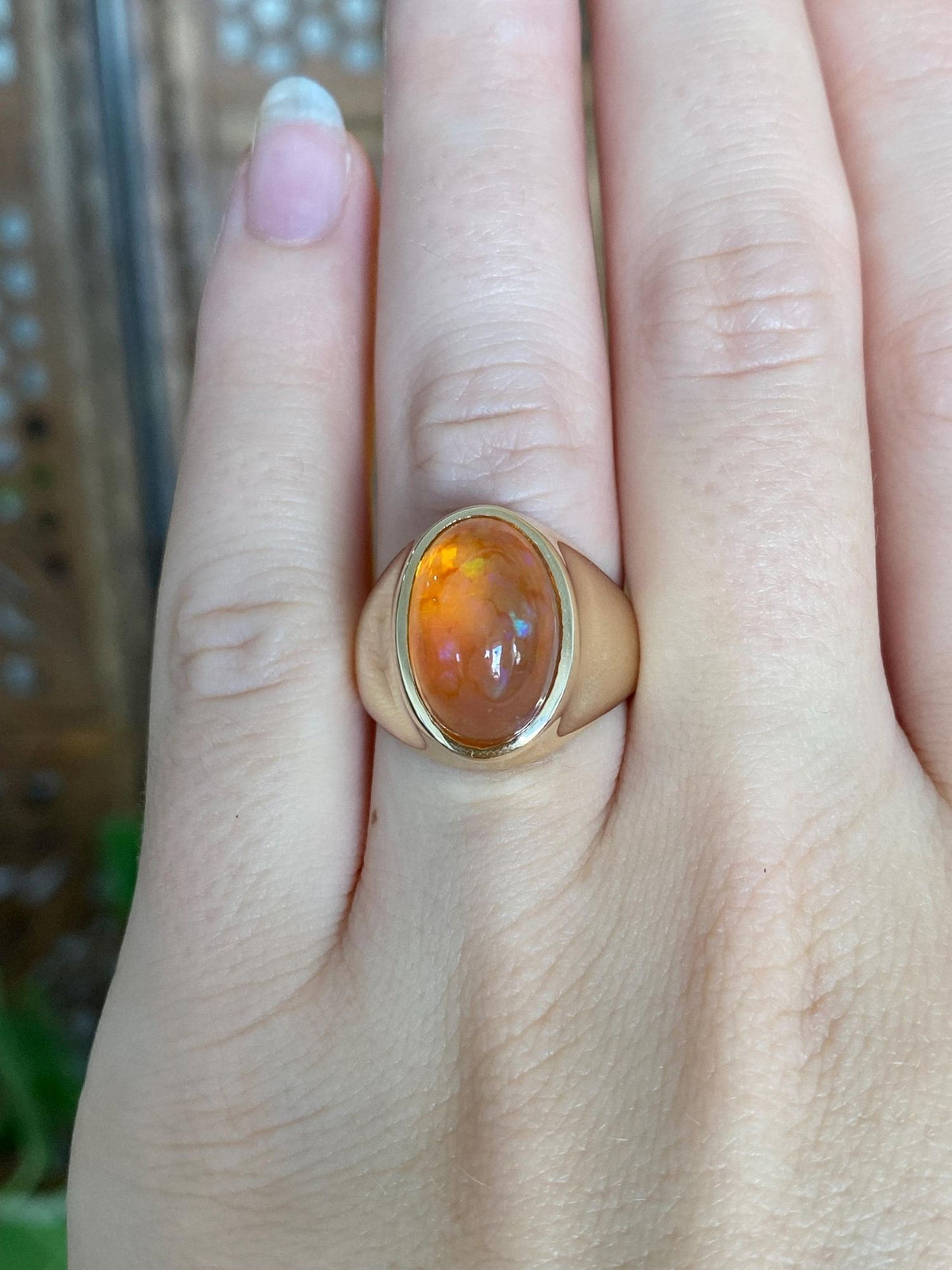Vintage Solid 14k Yellow Gold Fire Opal Chunky Signet Ring - Size 6.75