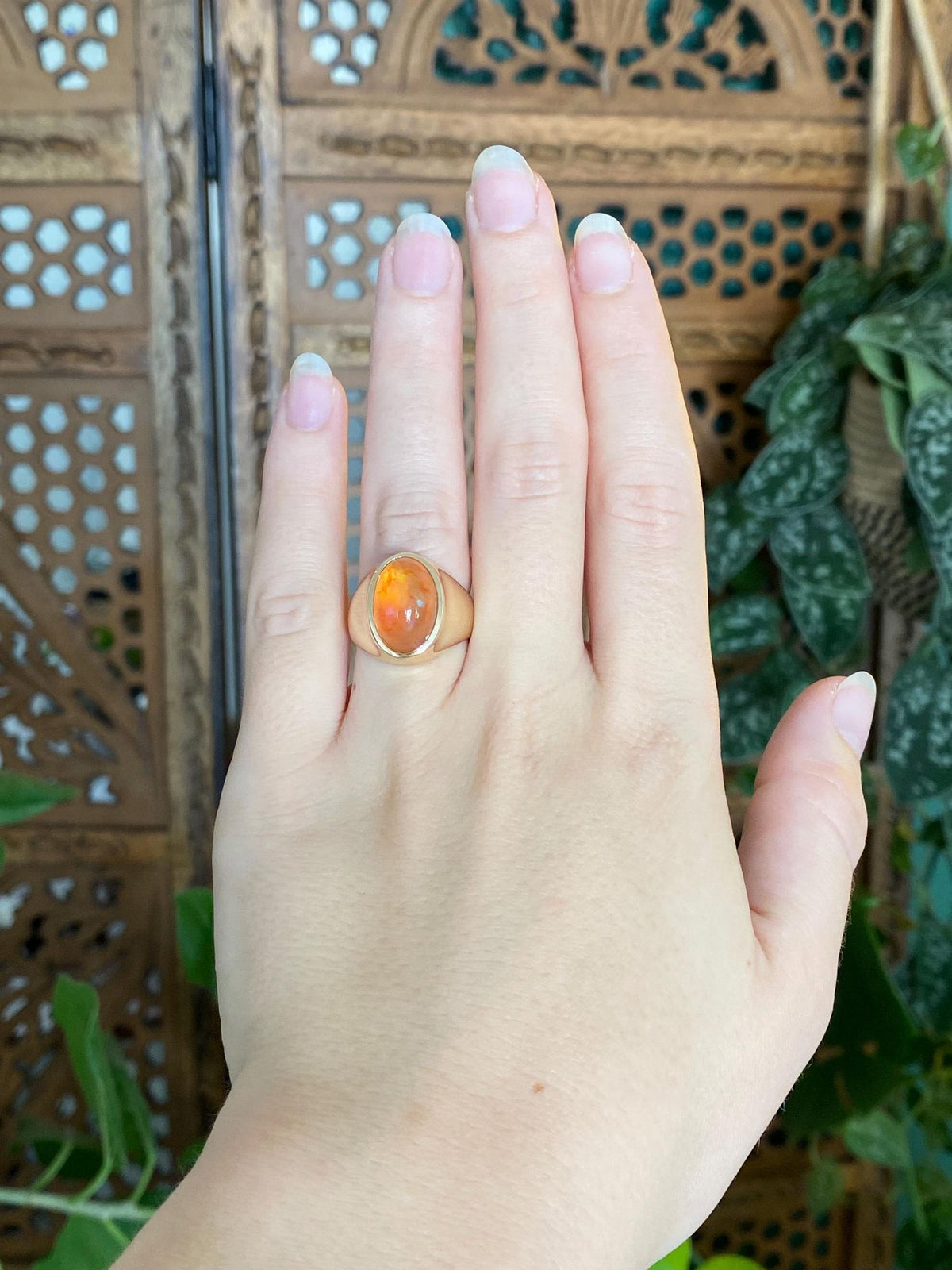 Vintage Solid 14k Yellow Gold Fire Opal Chunky Signet Ring - Size 6.75
