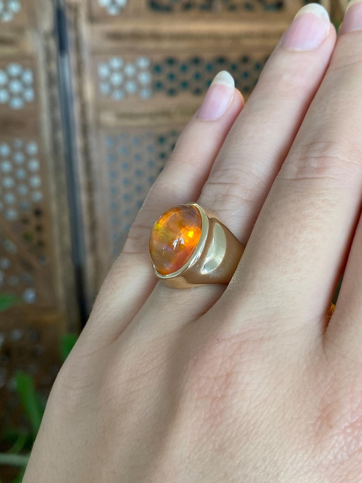 Vintage Solid 14k Yellow Gold Fire Opal Chunky Signet Ring - Size 6.75