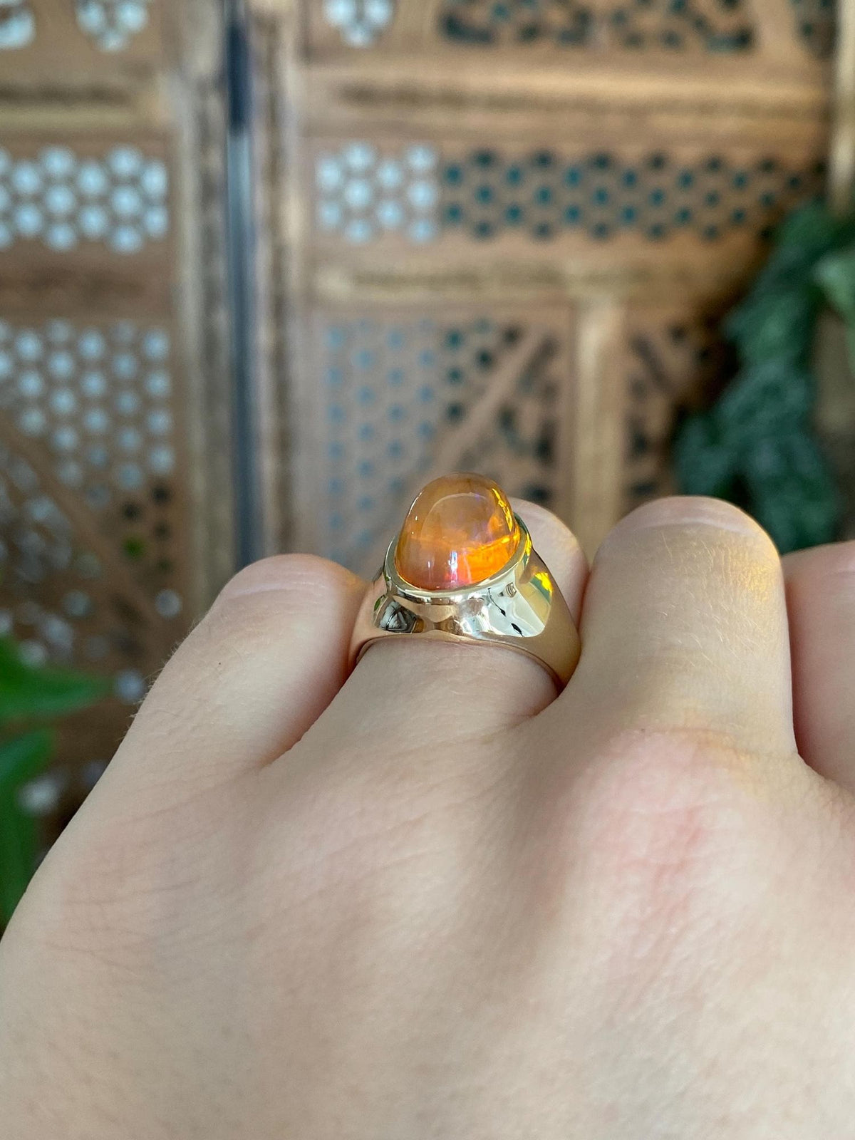 Vintage Solid 14k Yellow Gold Fire Opal Chunky Signet Ring - Size 6.75
