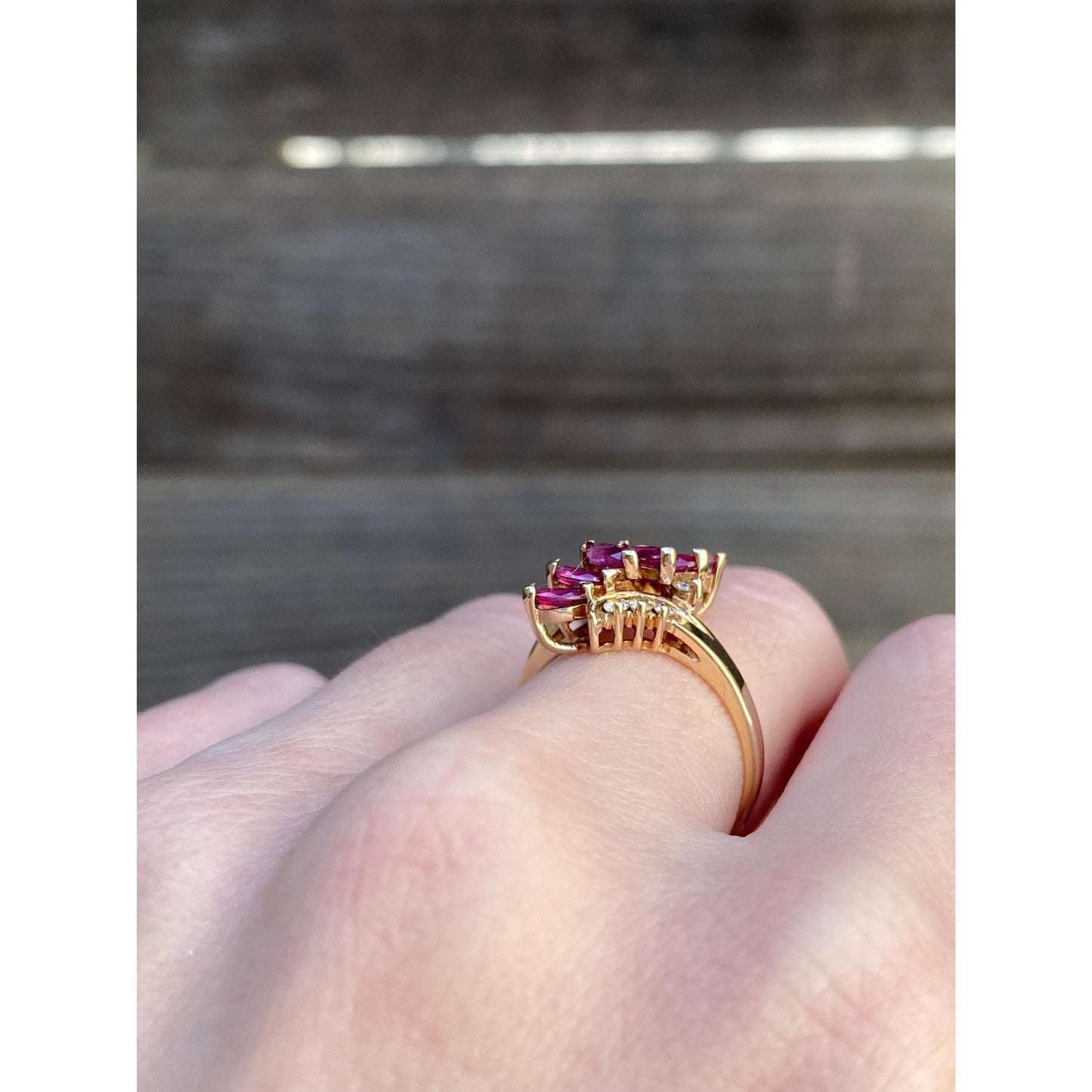 Vintage Solid 14k Yellow Gold Pink Spinel Diamond Twist Ring - Size 6