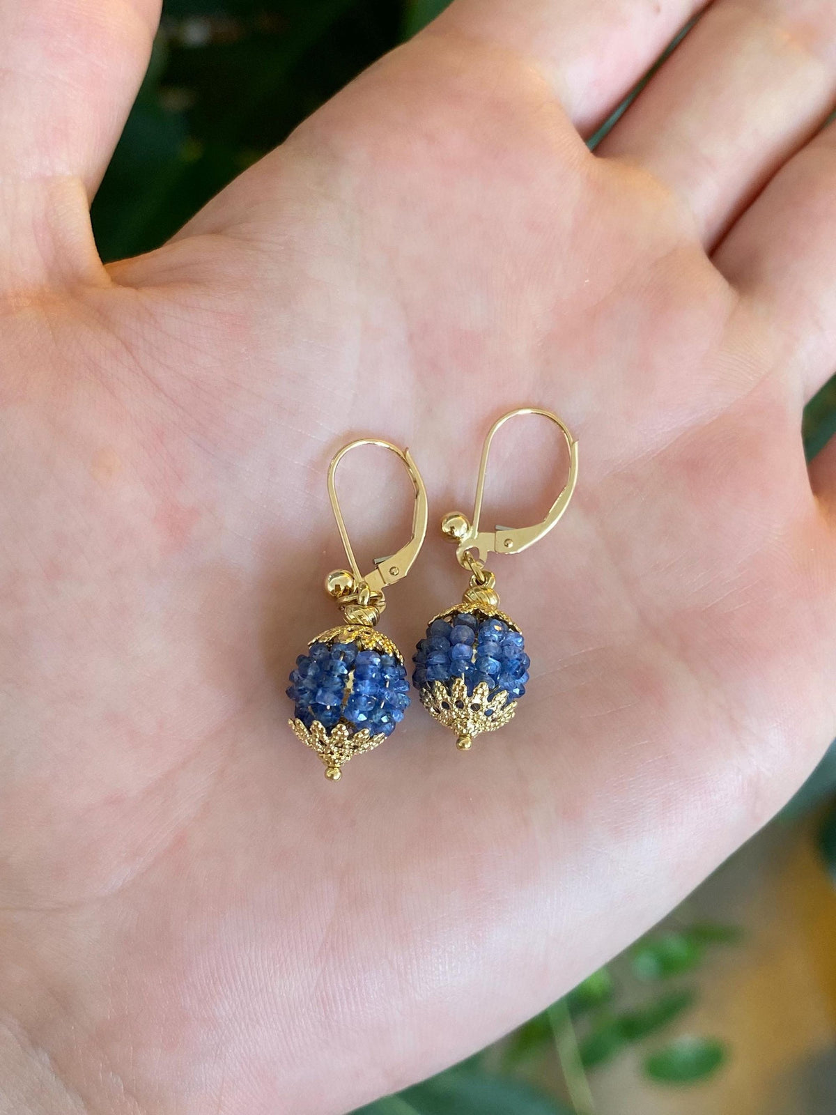 Vintage 14k & 18k Yellow Gold Blue Sapphire Beads Ball Dangle Earrings