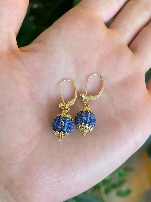 Vintage 14k & 18k Yellow Gold Blue Sapphire Beads Ball Dangle Earrings