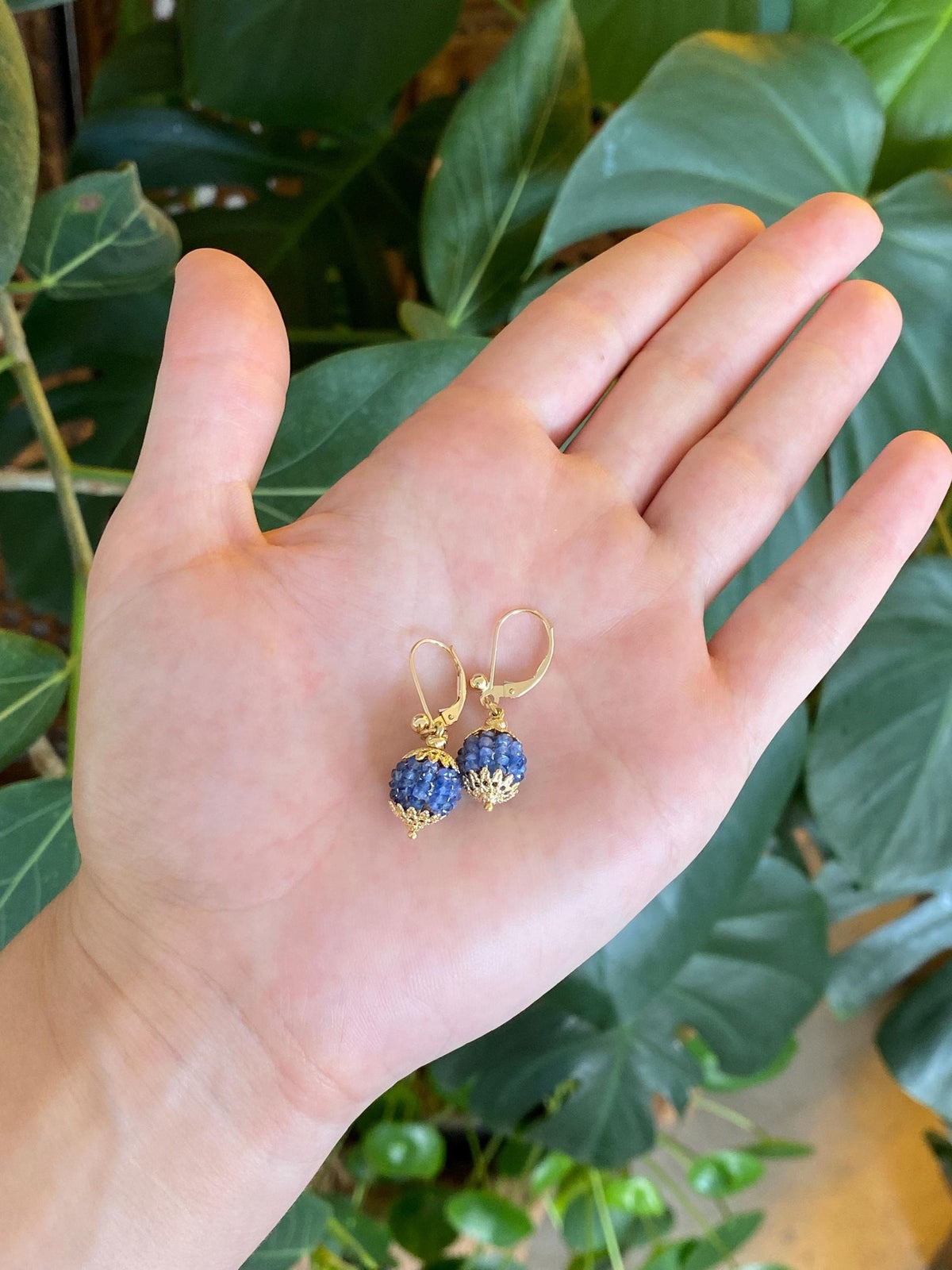 Vintage 14k & 18k Yellow Gold Blue Sapphire Beads Ball Dangle Earrings