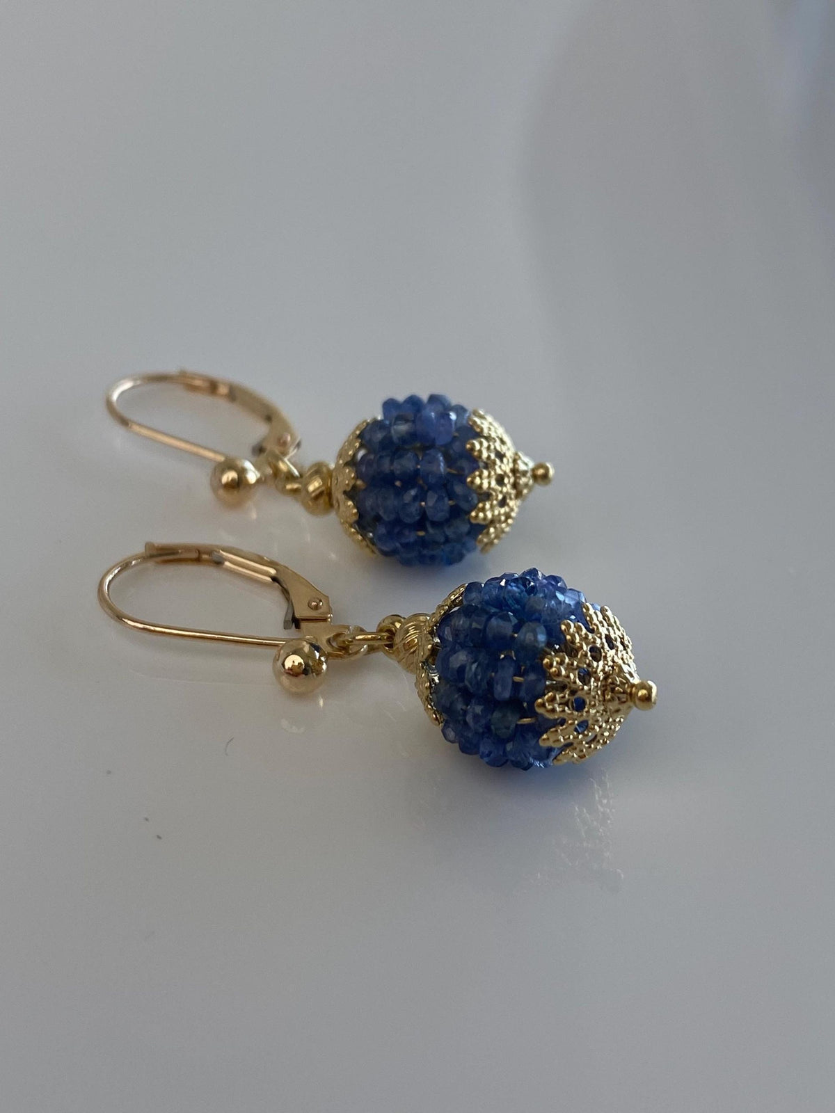 Vintage 14k & 18k Yellow Gold Blue Sapphire Beads Ball Dangle Earrings