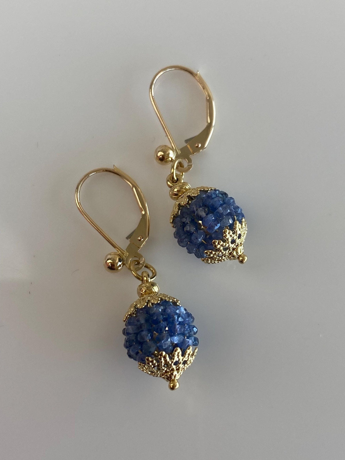 Vintage 14k & 18k Yellow Gold Blue Sapphire Beads Ball Dangle Earrings
