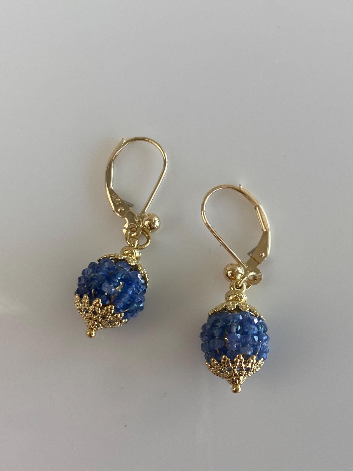 Vintage 14k & 18k Yellow Gold Blue Sapphire Beads Ball Dangle Earrings