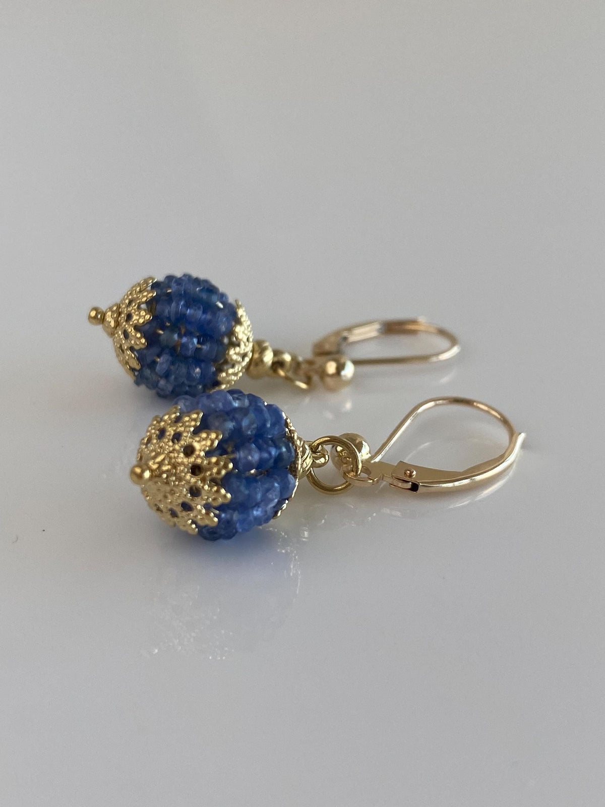 Vintage 14k & 18k Yellow Gold Blue Sapphire Beads Ball Dangle Earrings