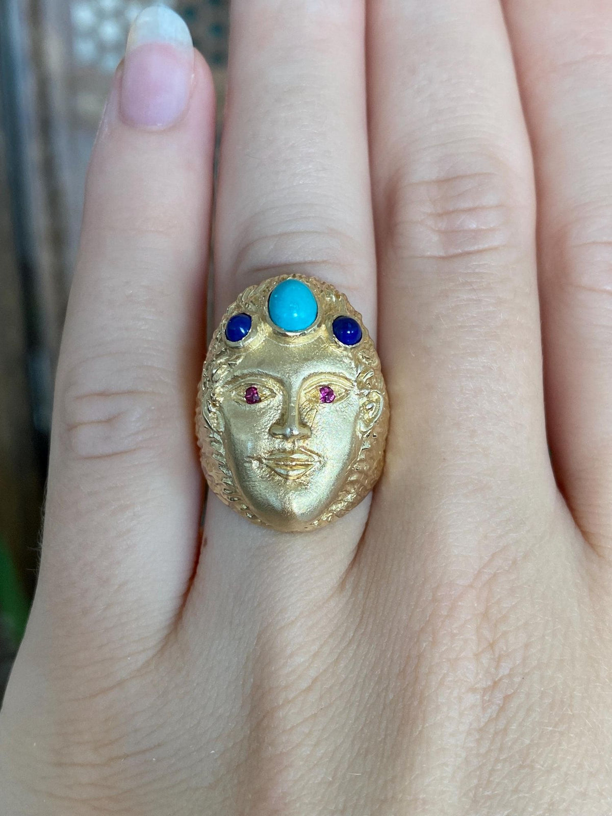 Vintage Solid 14k Yellow Gold Pink Sapphire Eyes Turquoise Lapis Face Ring - Size 6