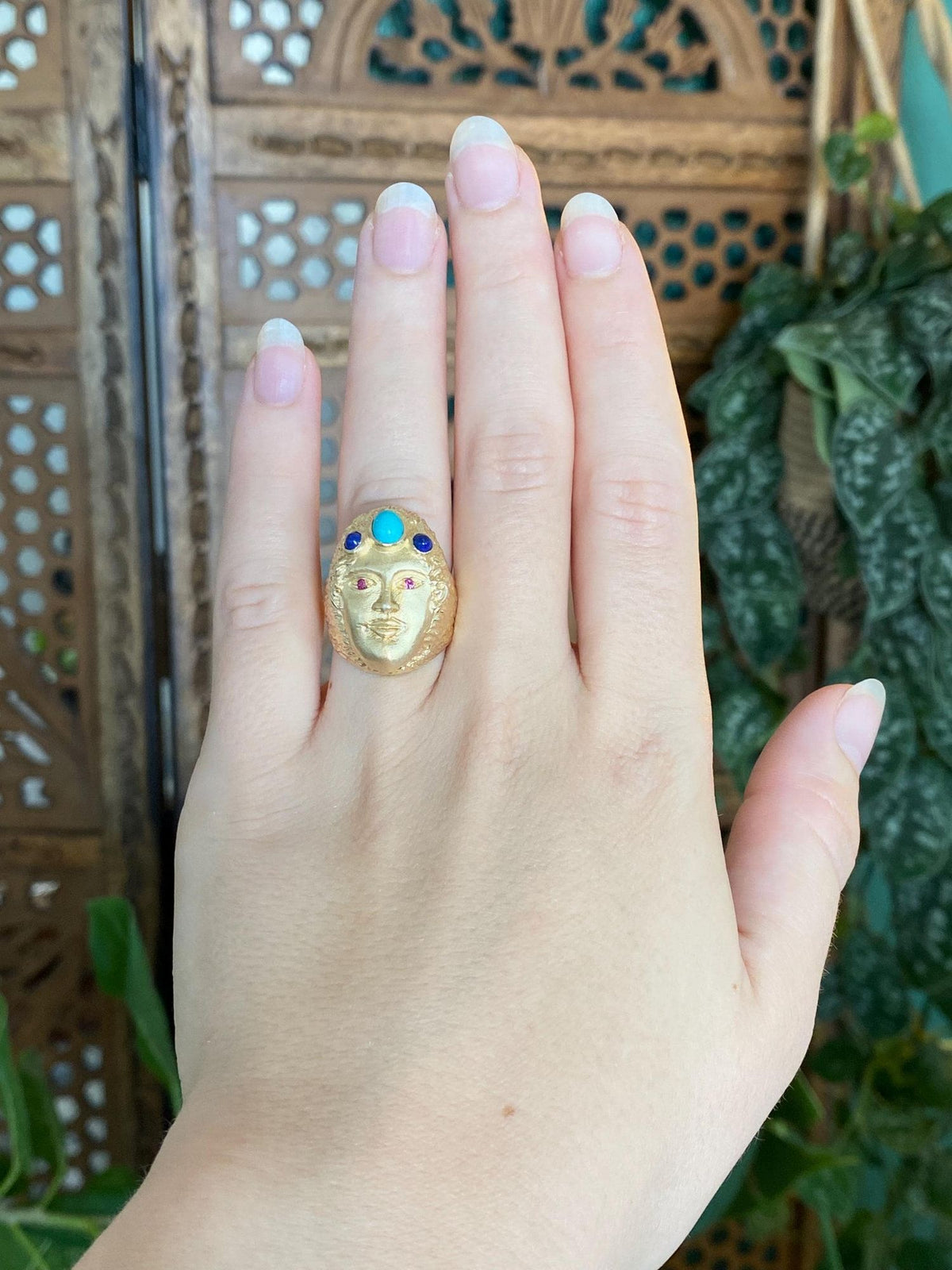 Vintage Solid 14k Yellow Gold Pink Sapphire Eyes Turquoise Lapis Face Ring - Size 6