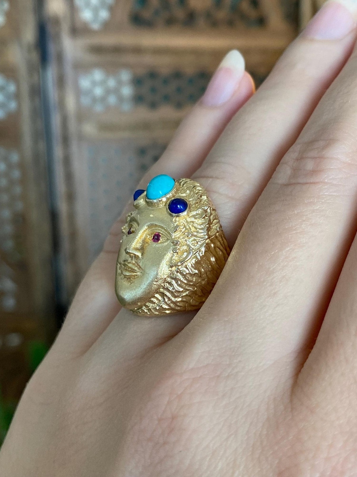 Vintage Solid 14k Yellow Gold Pink Sapphire Eyes Turquoise Lapis Face Ring - Size 6