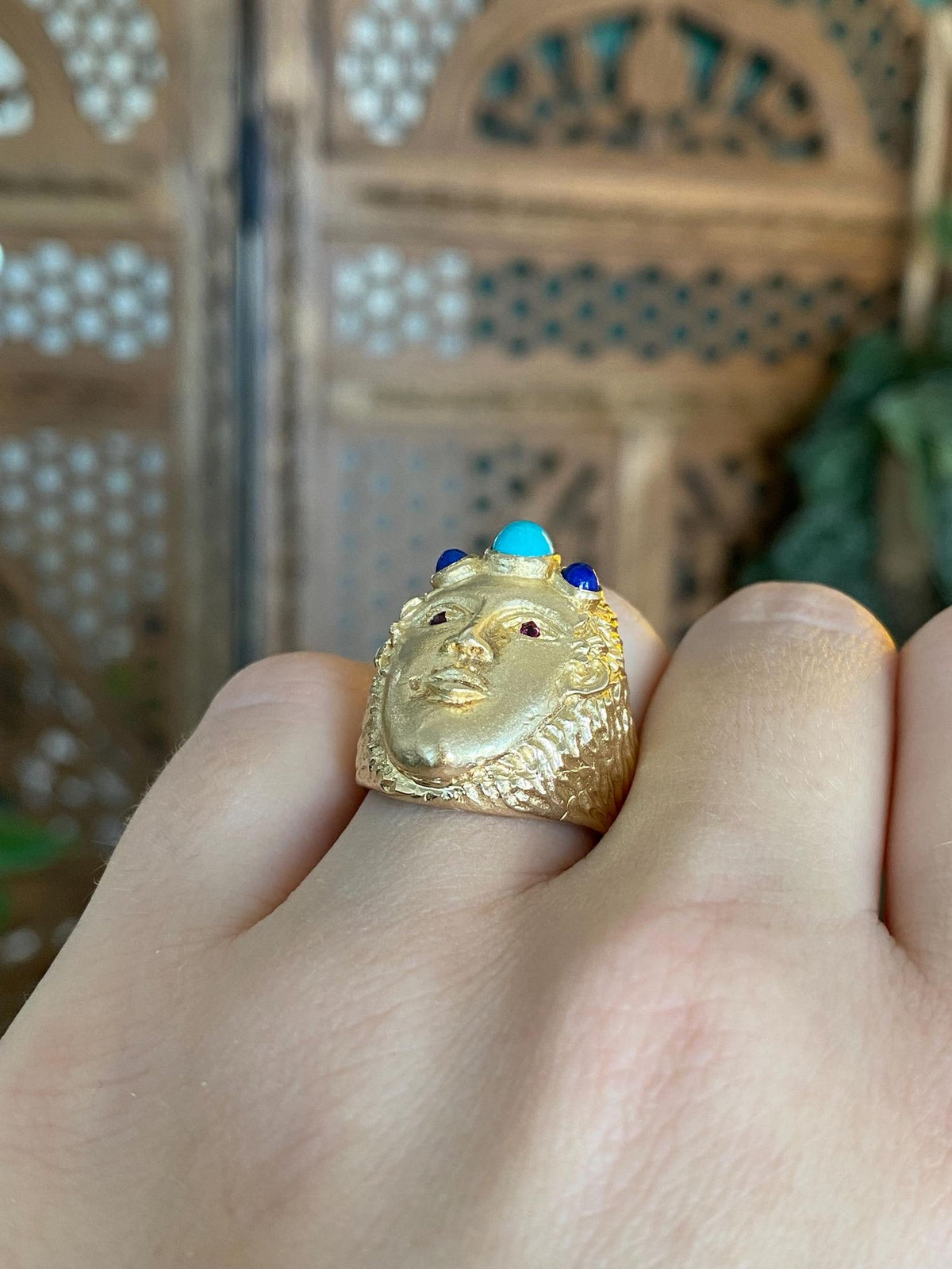Vintage Solid 14k Yellow Gold Pink Sapphire Eyes Turquoise Lapis Face Ring - Size 6
