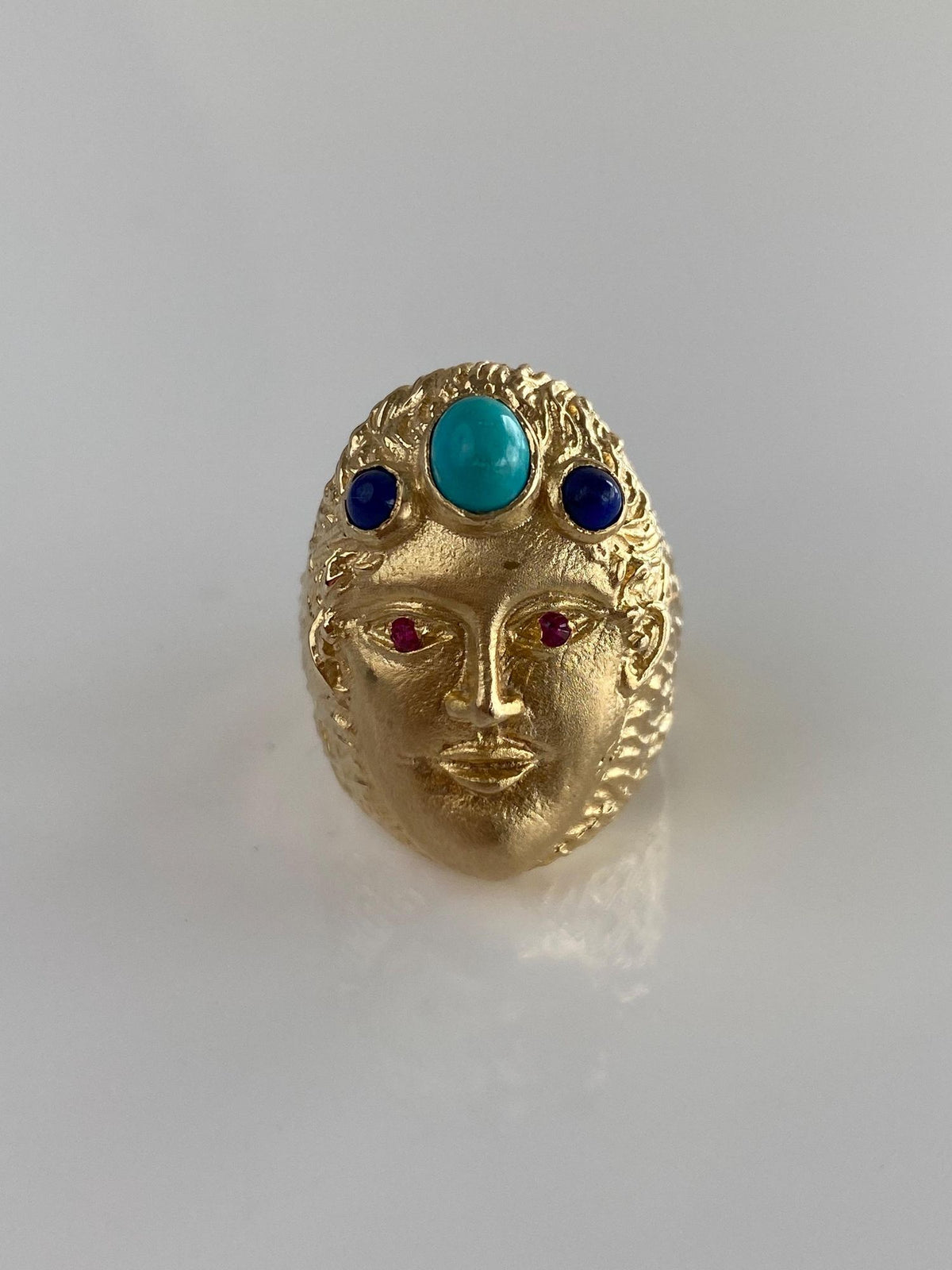 Vintage Solid 14k Yellow Gold Pink Sapphire Eyes Turquoise Lapis Face Ring - Size 6