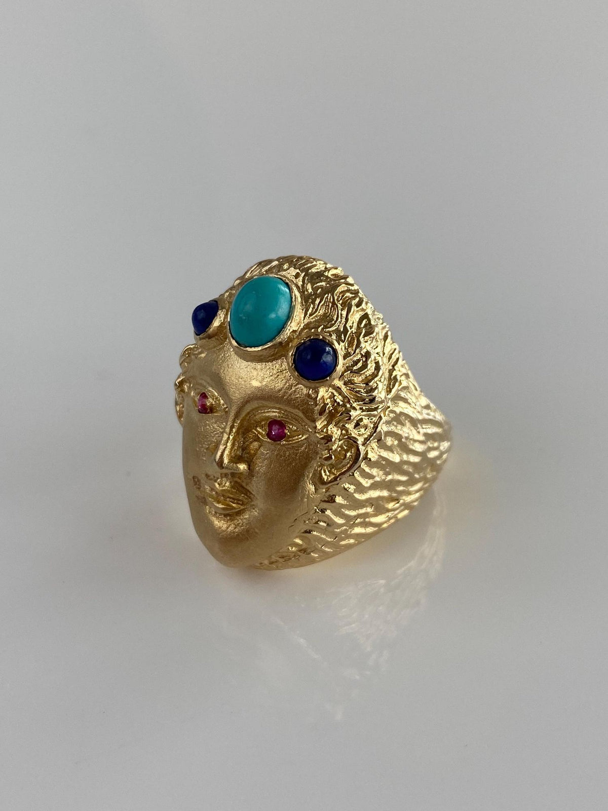 Vintage Solid 14k Yellow Gold Pink Sapphire Eyes Turquoise Lapis Face Ring - Size 6