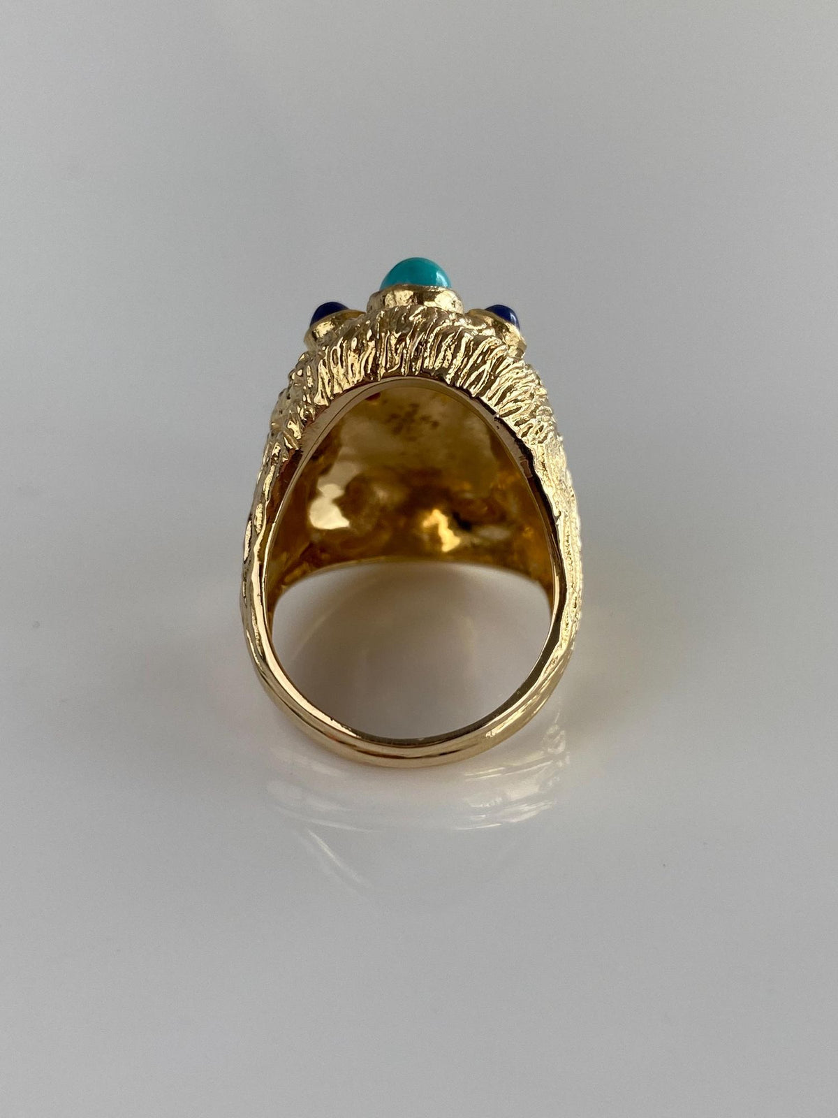 Vintage Solid 14k Yellow Gold Pink Sapphire Eyes Turquoise Lapis Face Ring - Size 6