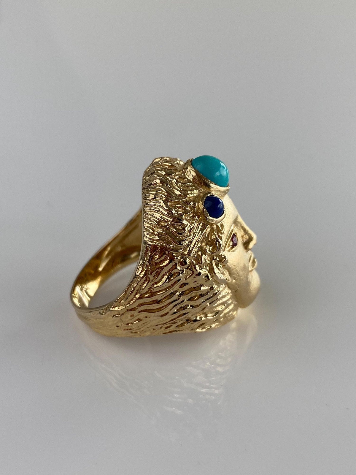 Vintage Solid 14k Yellow Gold Pink Sapphire Eyes Turquoise Lapis Face Ring - Size 6