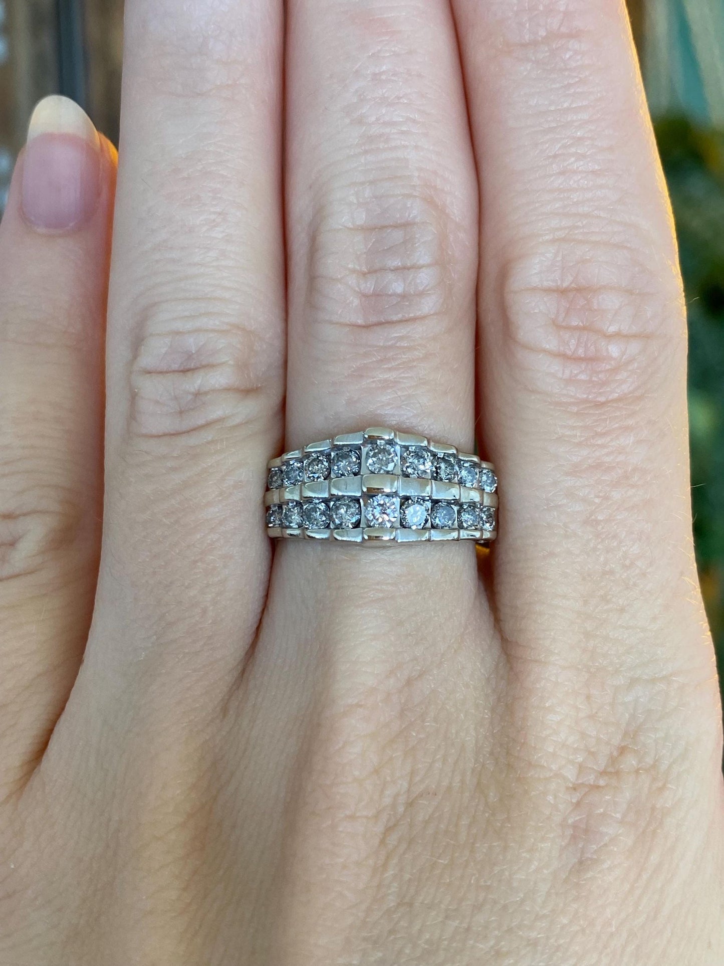 Vintage Solid 10k White Gold Diamond Rows Ring Band - Size 7.75
