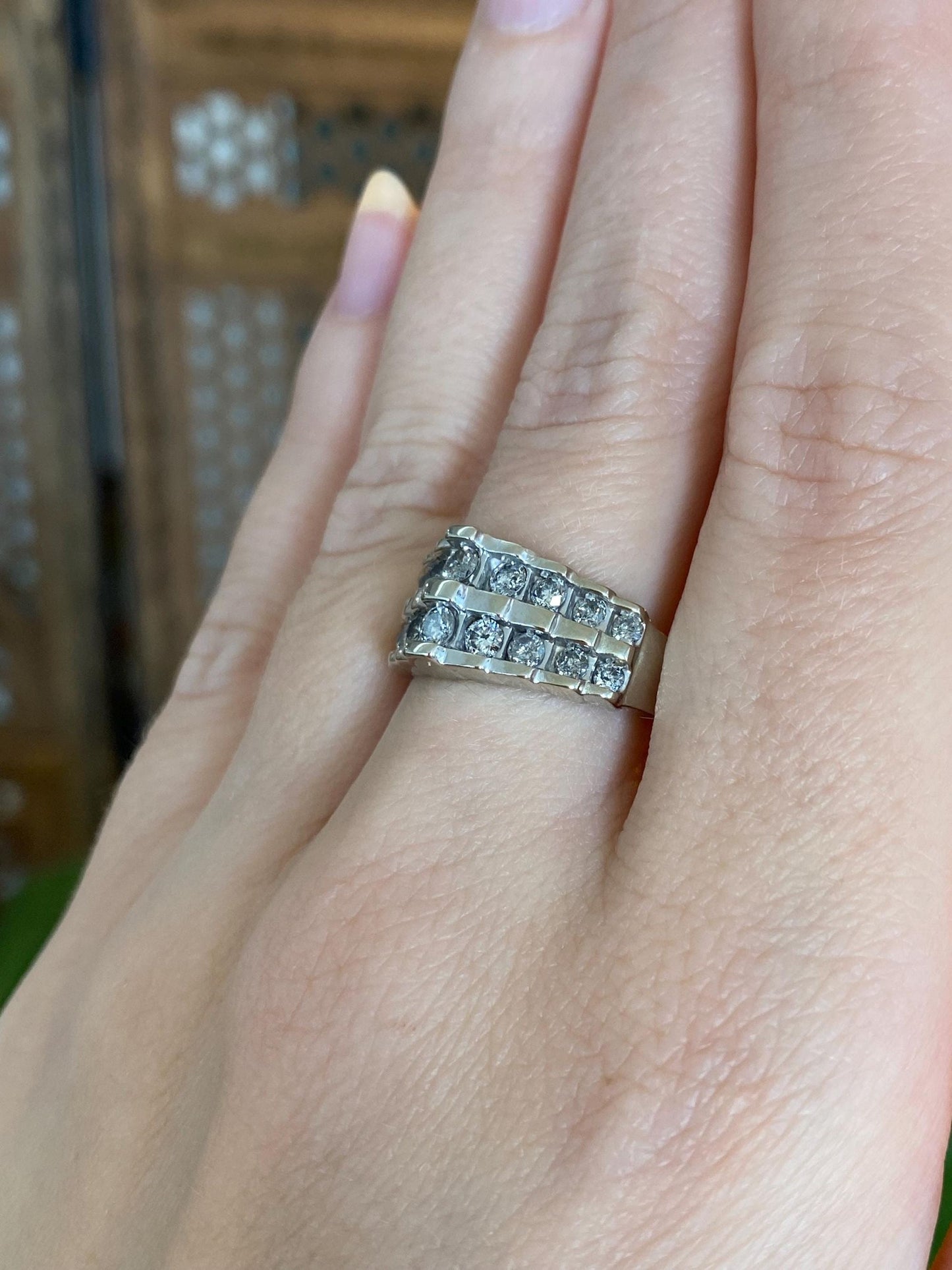 Vintage Solid 10k White Gold Diamond Rows Ring Band - Size 7.75