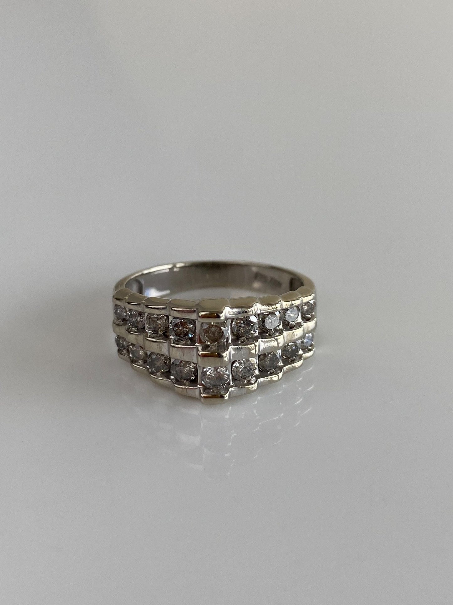 Vintage Solid 10k White Gold Diamond Rows Ring Band - Size 7.75