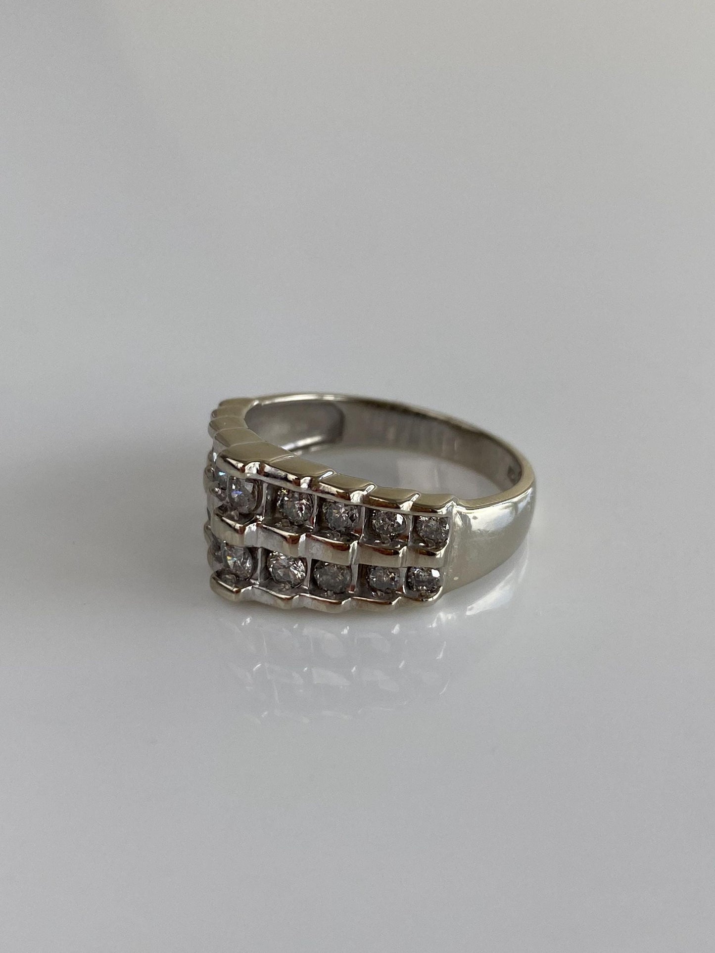 Vintage Solid 10k White Gold Diamond Rows Ring Band - Size 7.75