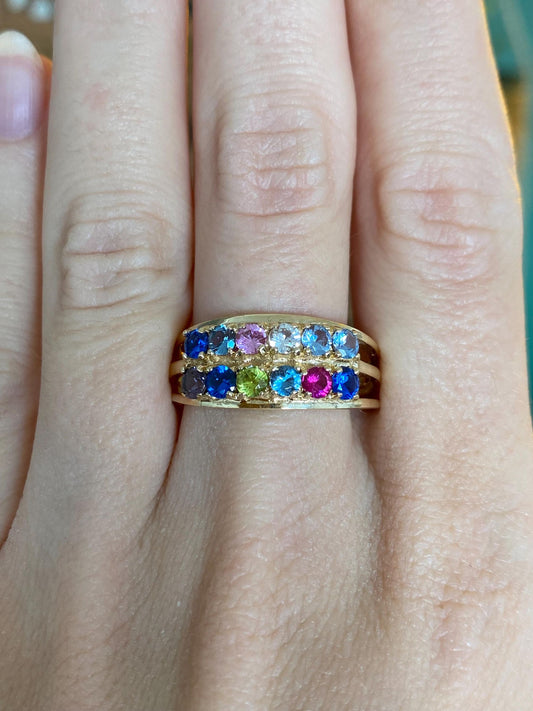 Vintage Solid 14k Yellow Gold Aquamarine Clear Quartz Blue Spinel Pink Sapphire Peridot Iolite Ring Band - Size 9.75