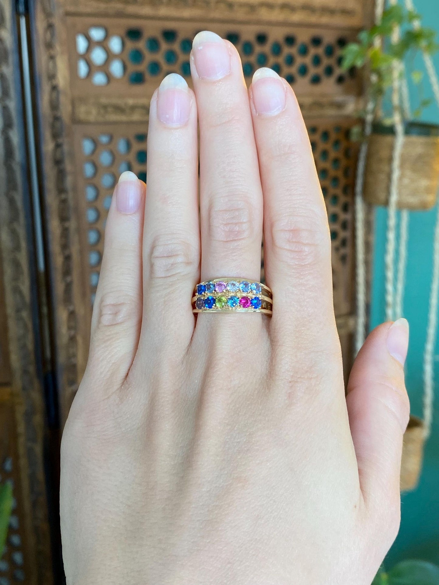 Vintage Solid 14k Yellow Gold Aquamarine Clear Quartz Blue Spinel Pink Sapphire Peridot Iolite Ring Band - Size 9.75