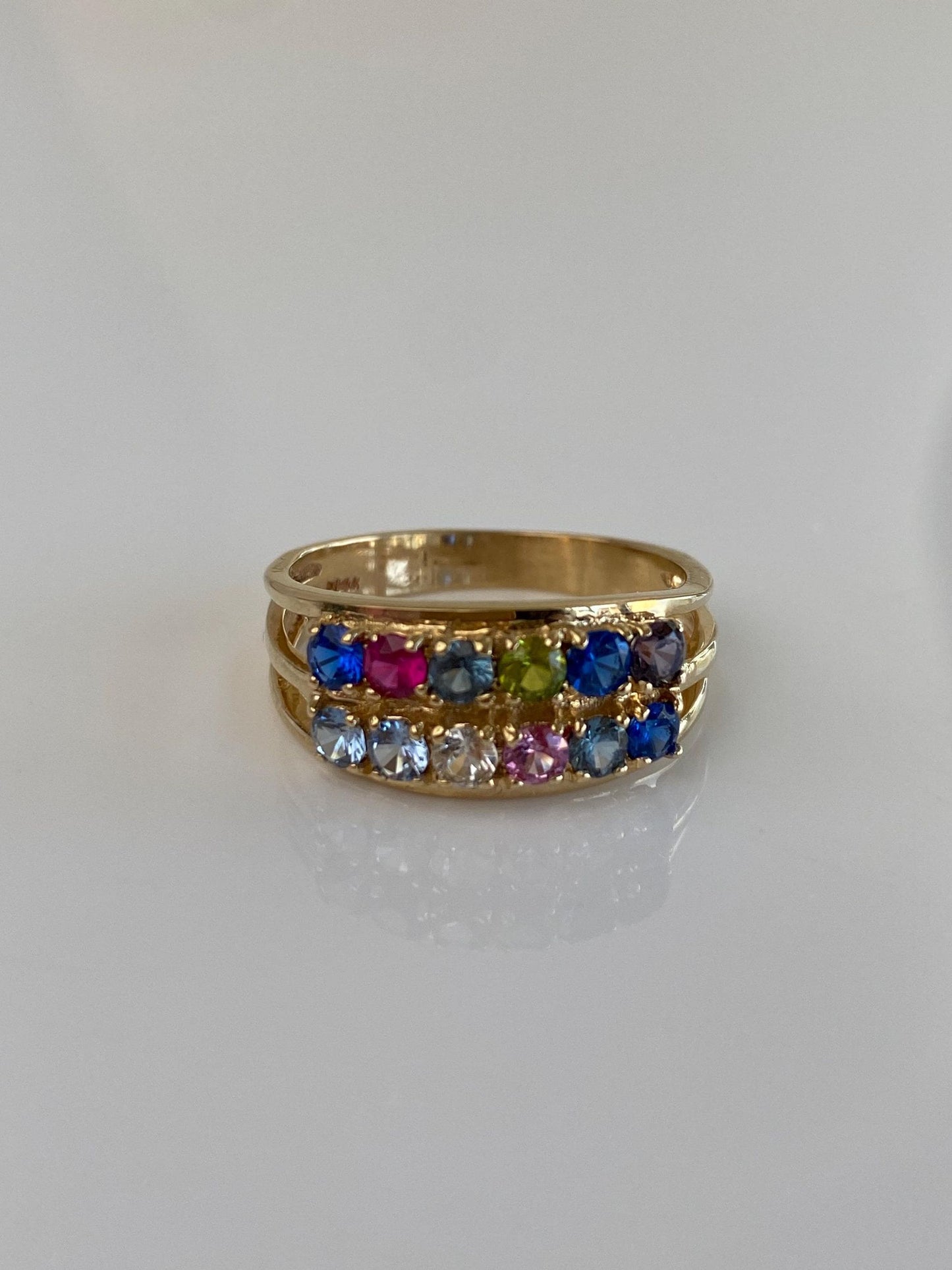 Vintage Solid 14k Yellow Gold Aquamarine Clear Quartz Blue Spinel Pink Sapphire Peridot Iolite Ring Band - Size 9.75