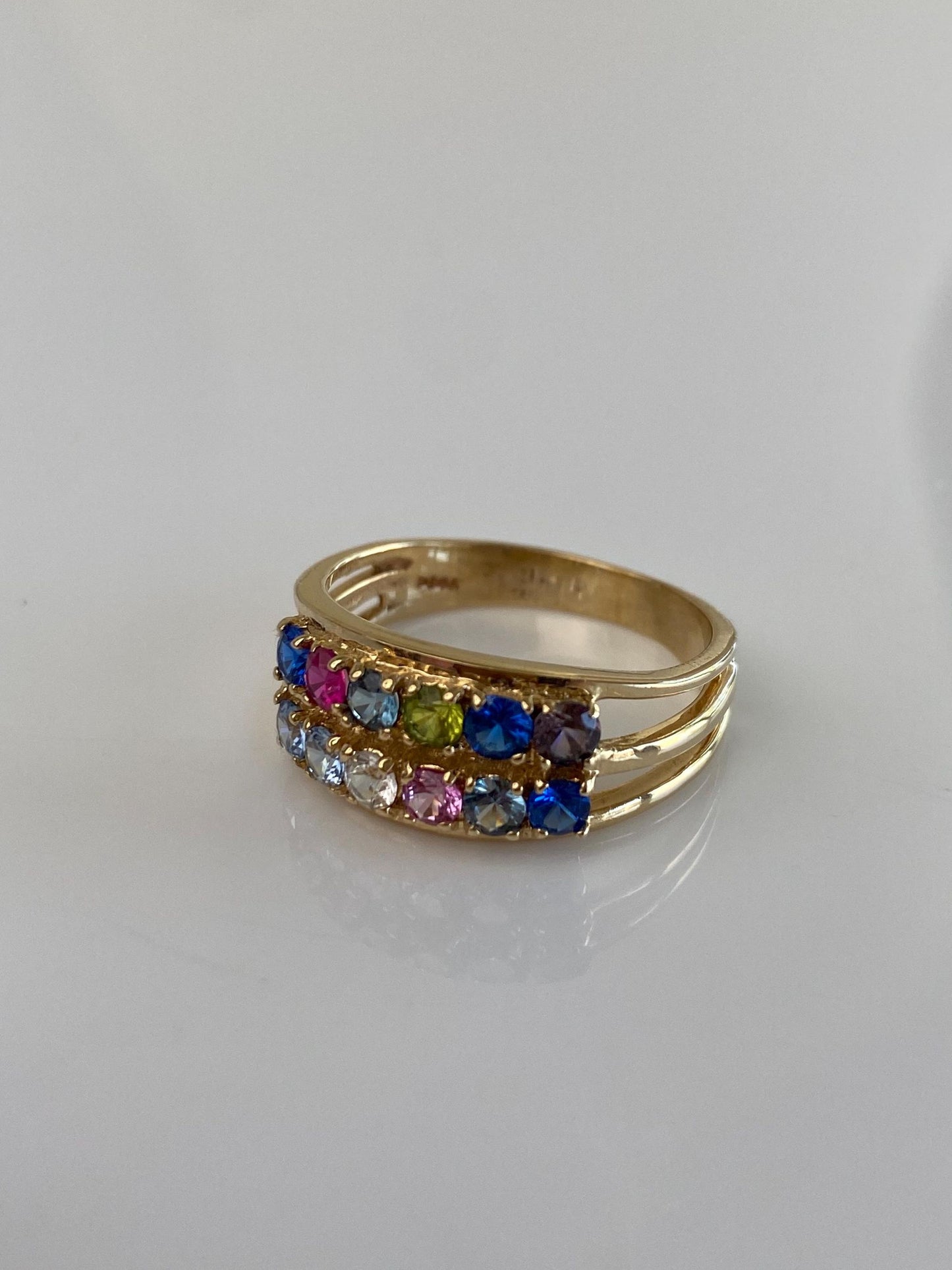 Vintage Solid 14k Yellow Gold Aquamarine Clear Quartz Blue Spinel Pink Sapphire Peridot Iolite Ring Band - Size 9.75