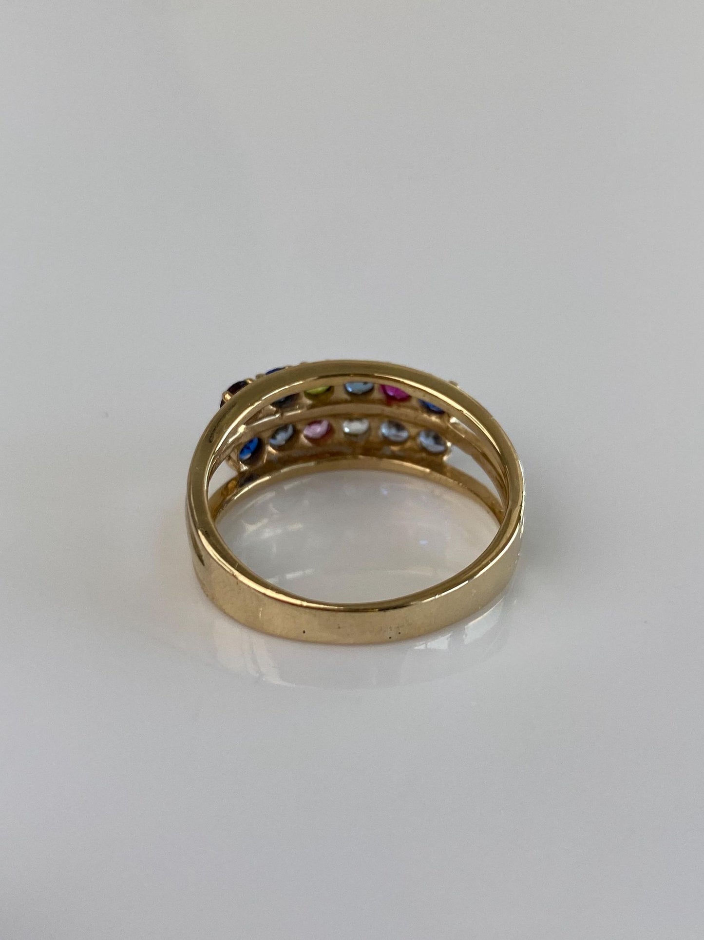 Vintage Solid 14k Yellow Gold Aquamarine Clear Quartz Blue Spinel Pink Sapphire Peridot Iolite Ring Band - Size 9.75