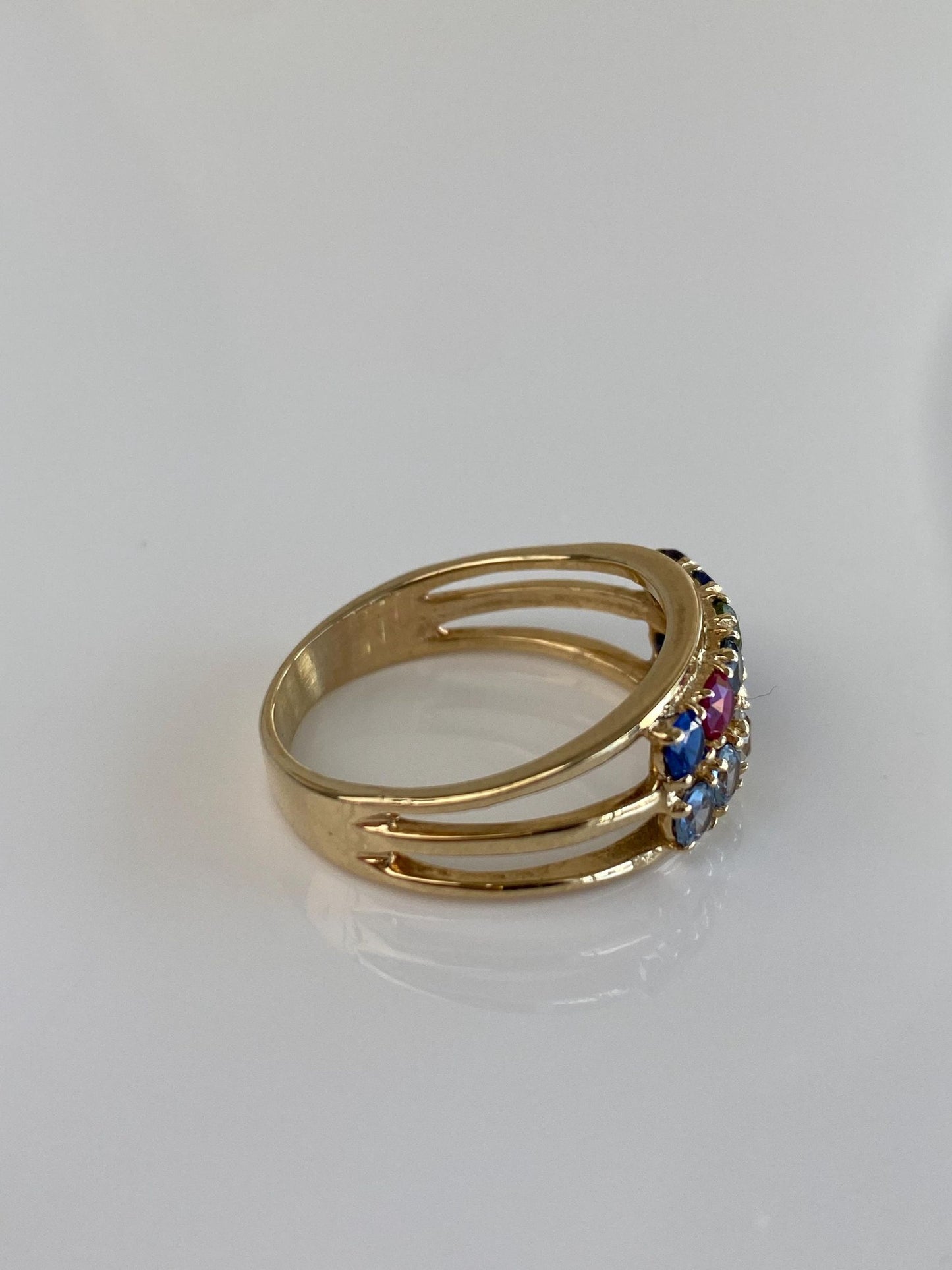Vintage Solid 14k Yellow Gold Aquamarine Clear Quartz Blue Spinel Pink Sapphire Peridot Iolite Ring Band - Size 9.75