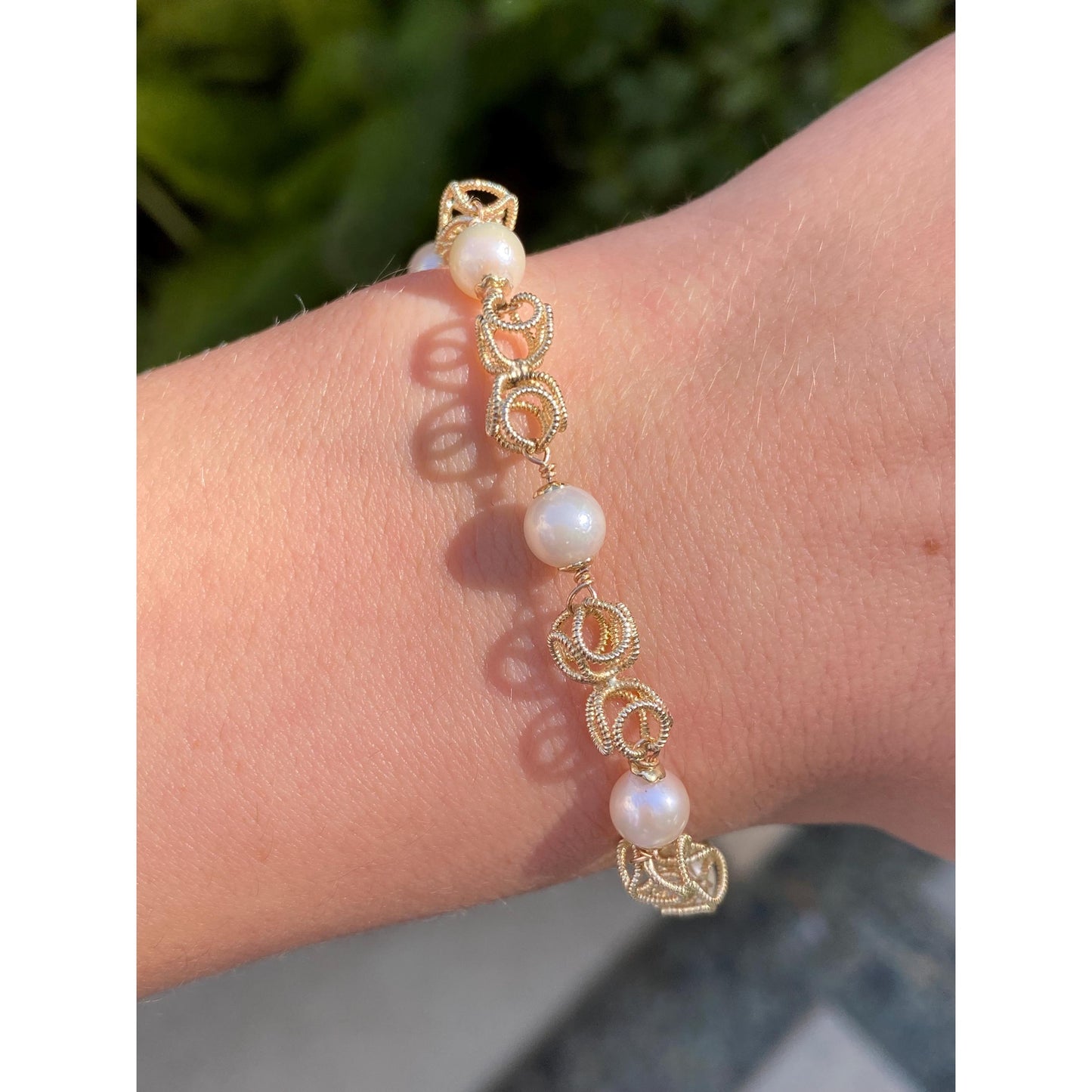 Vintage Solid 14k Yellow Gold Pearl Fancy Link Bracelet - 7.5 inches