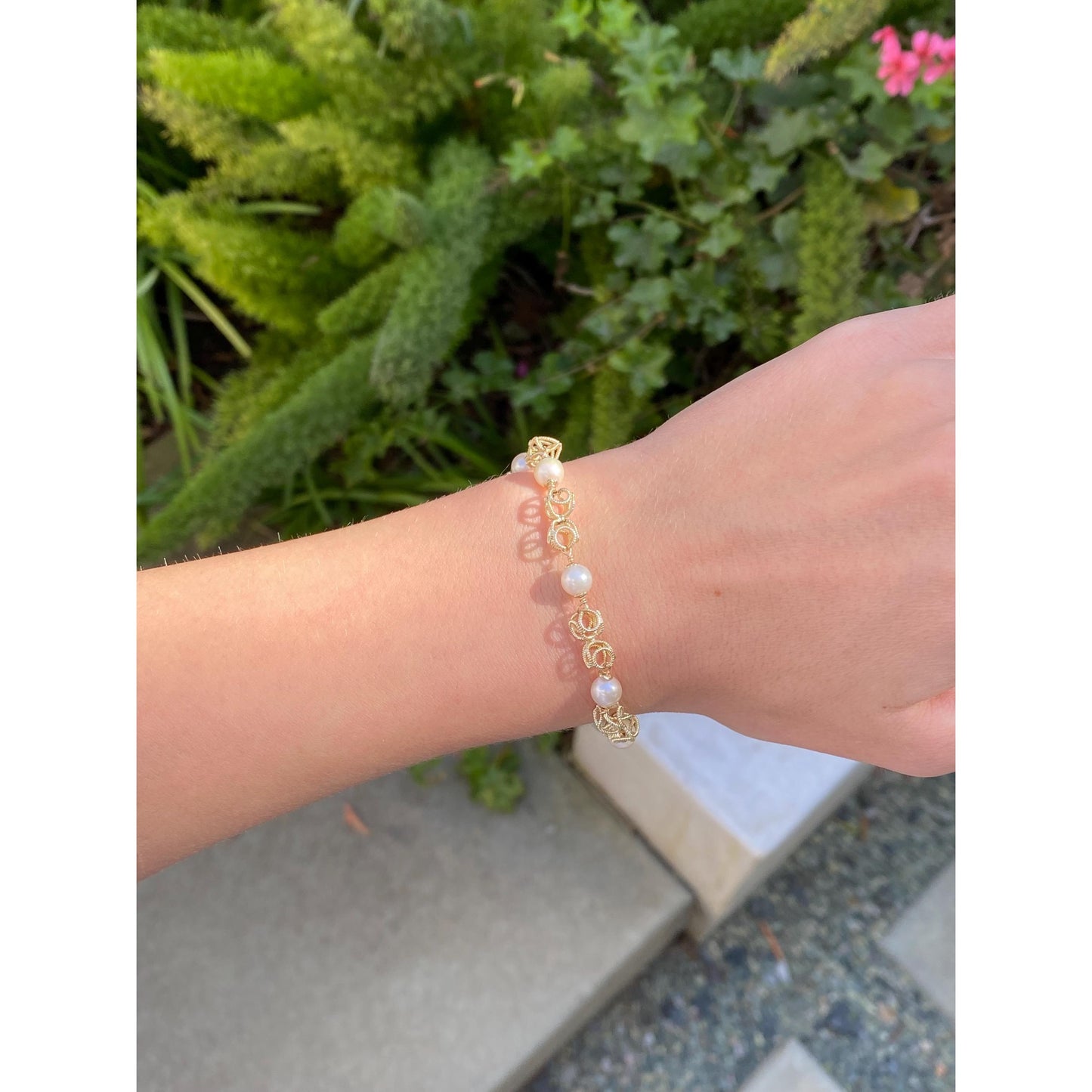 Vintage Solid 14k Yellow Gold Pearl Fancy Link Bracelet - 7.5 inches