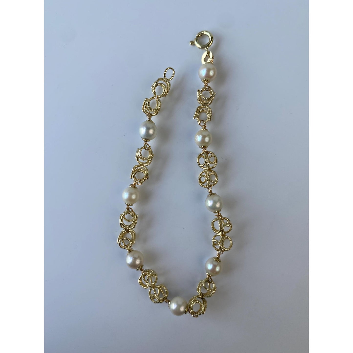 Vintage Solid 14k Yellow Gold Pearl Fancy Link Bracelet - 7.5 inches