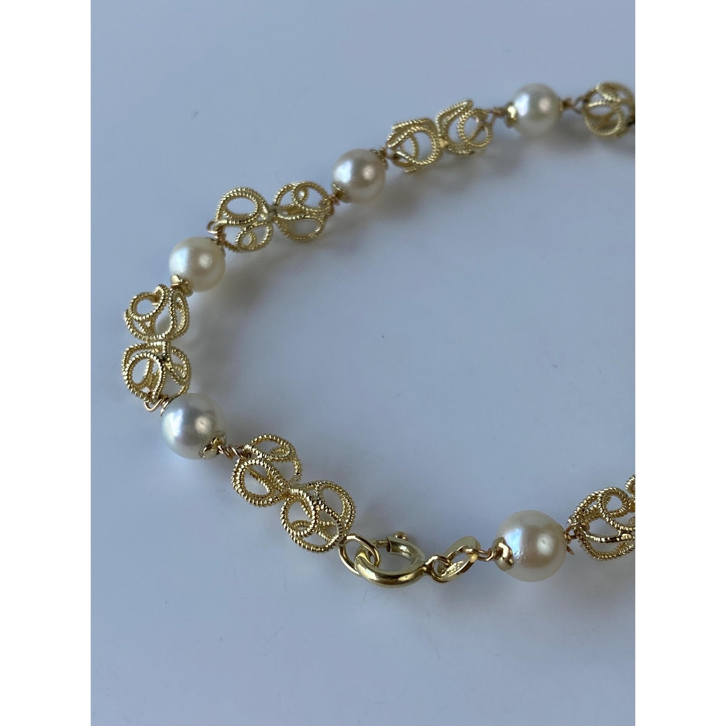 Vintage Solid 14k Yellow Gold Pearl Fancy Link Bracelet - 7.5 inches