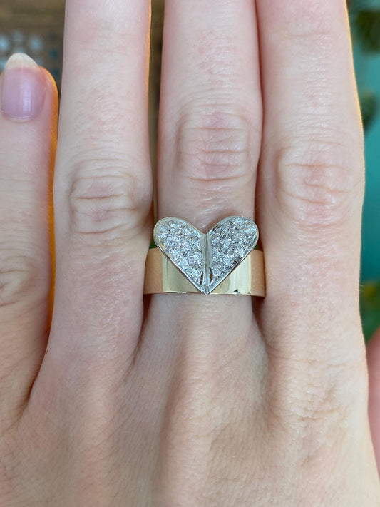 Vintage Solid 14k White & Yellow Gold Diamond Heart Ring - Size 9.75