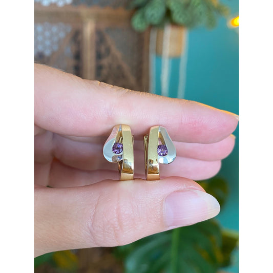 Vintage Solid 14k White & Yellow Gold Amethyst Hoop Earrings