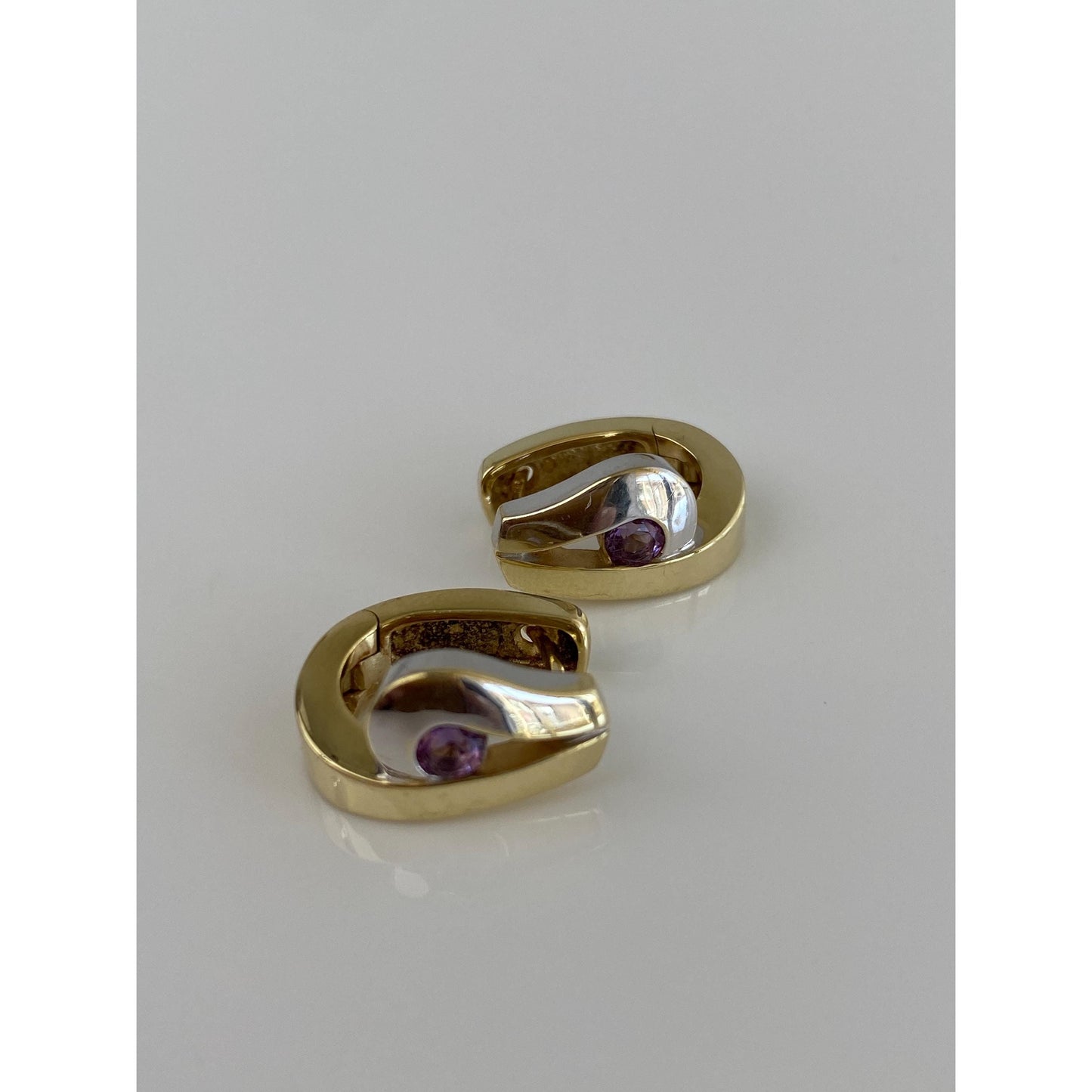 Vintage Solid 14k White & Yellow Gold Amethyst Hoop Earrings