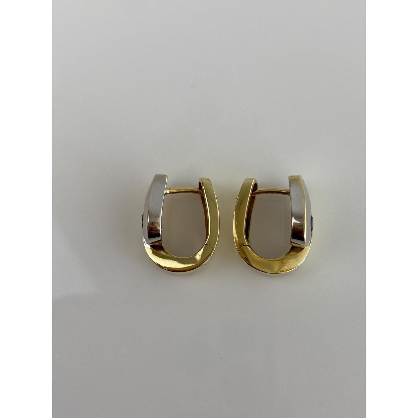 Vintage Solid 14k White & Yellow Gold Amethyst Hoop Earrings