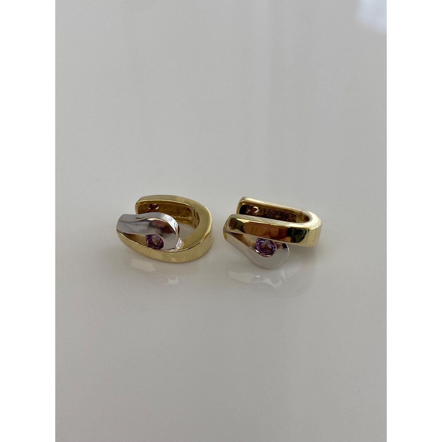 Vintage Solid 14k White & Yellow Gold Amethyst Hoop Earrings