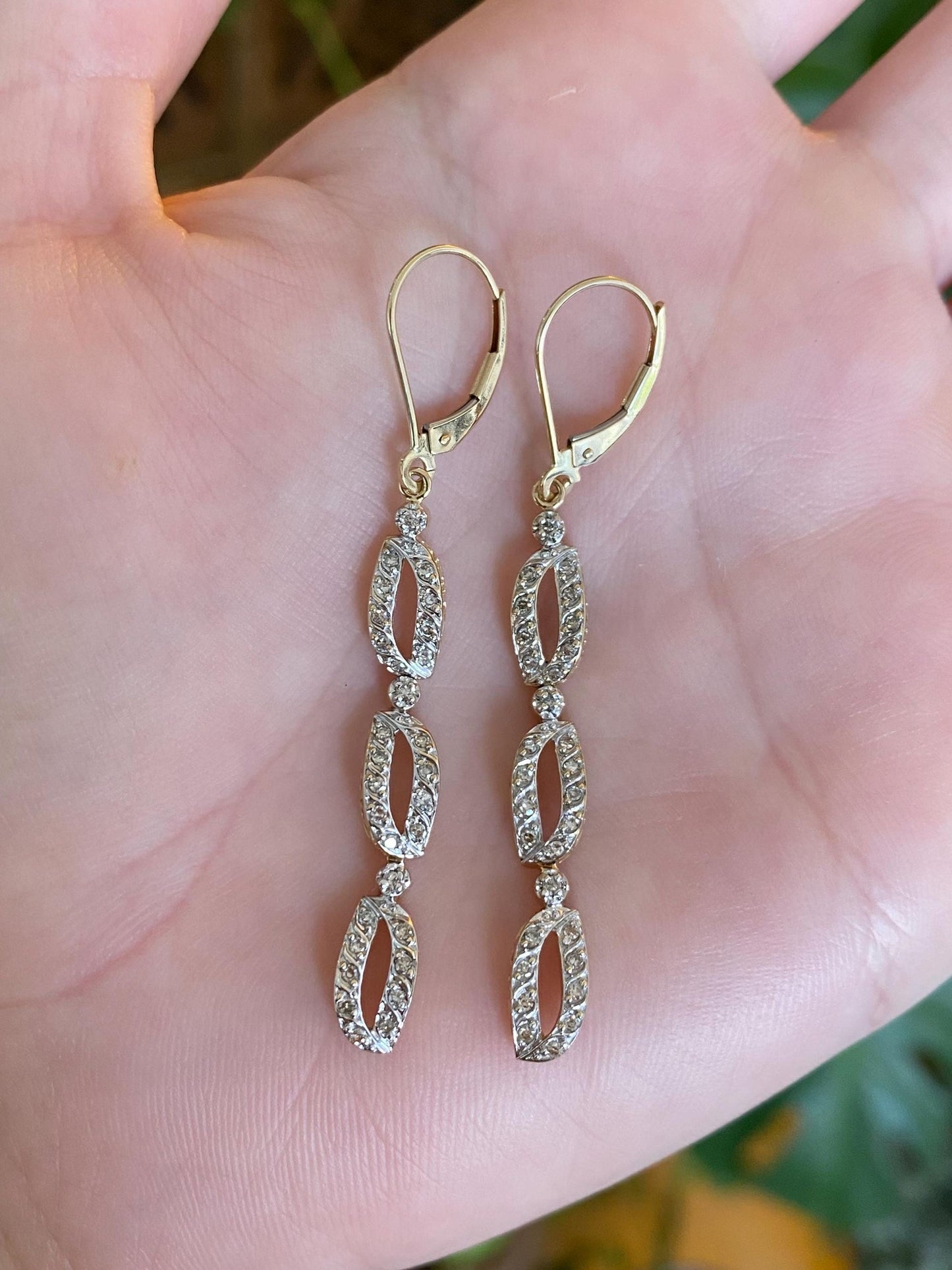 Vintage Solid 14k White & Yellow Gold Diamond Dangle Earrings