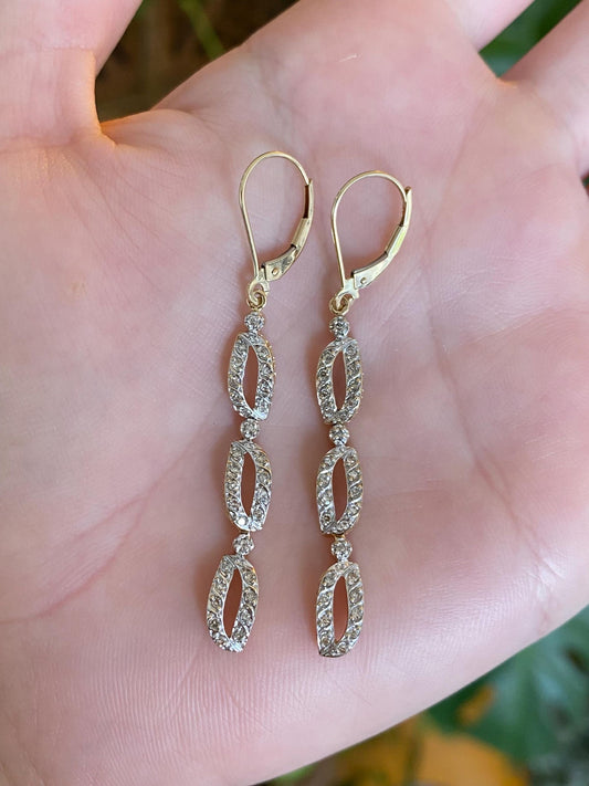 Vintage Solid 14k White & Yellow Gold Diamond Dangle Earrings