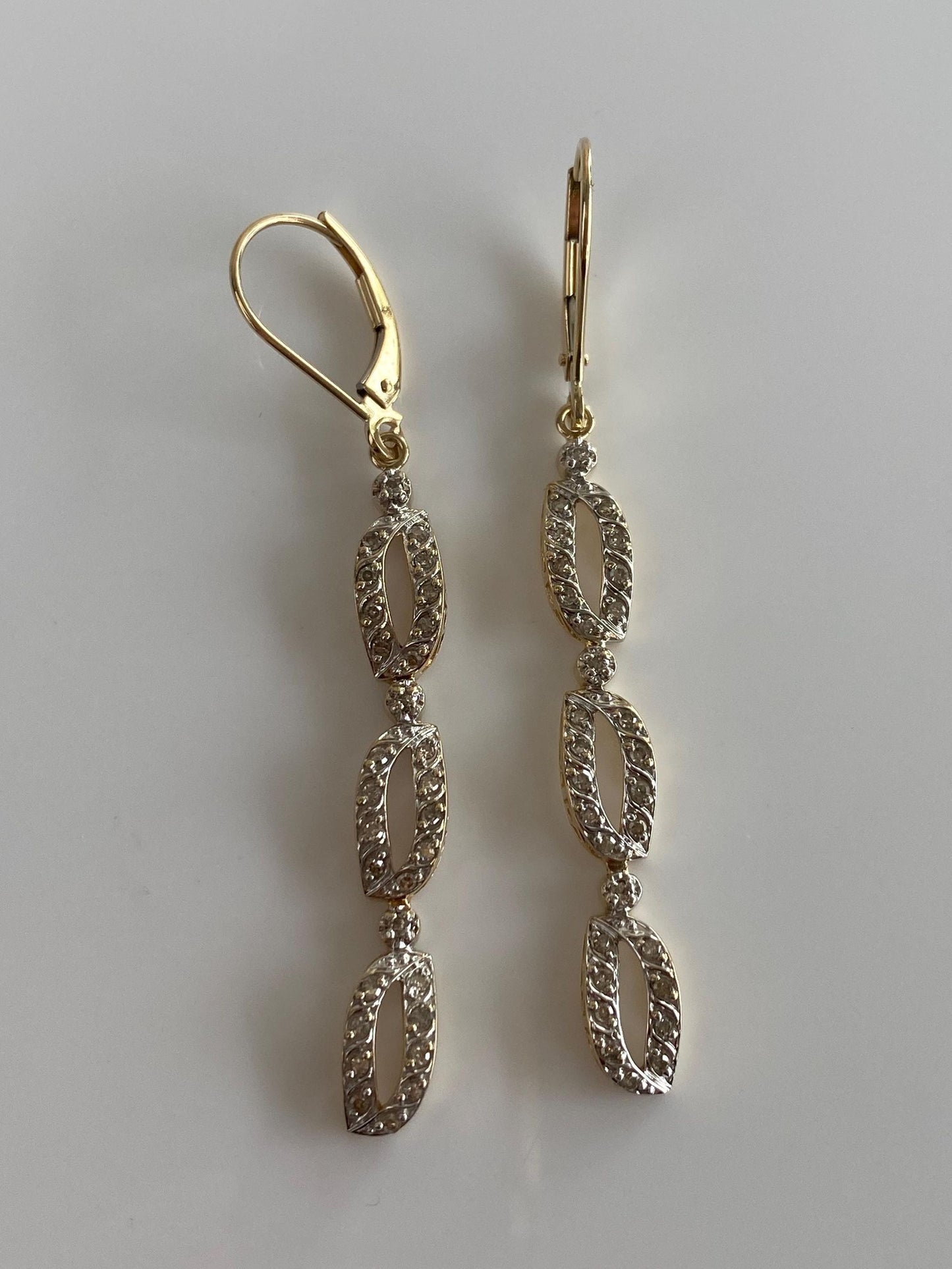 Vintage Solid 14k White & Yellow Gold Diamond Dangle Earrings