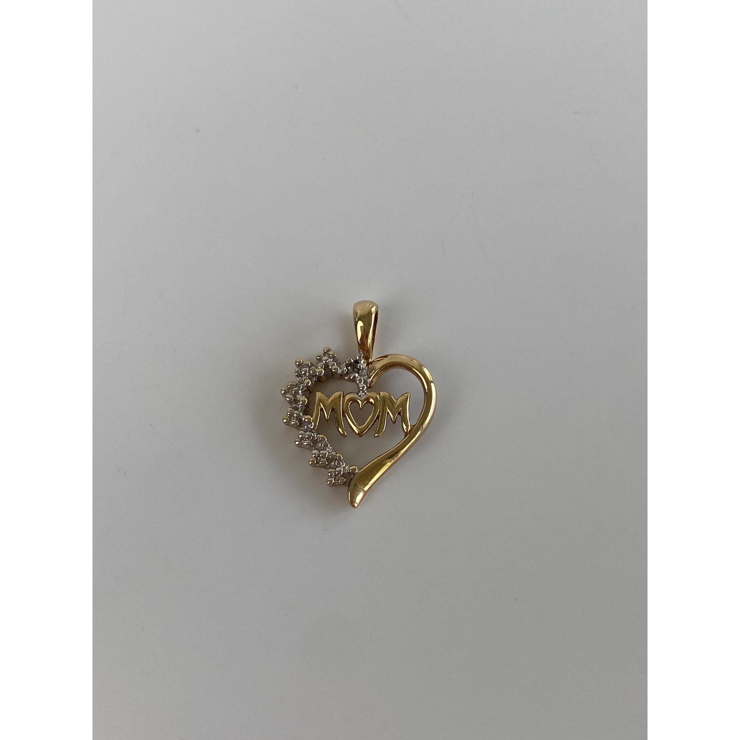 Solid 10k Yellow Gold Clear Sapphire 'Mom' Heart Charm