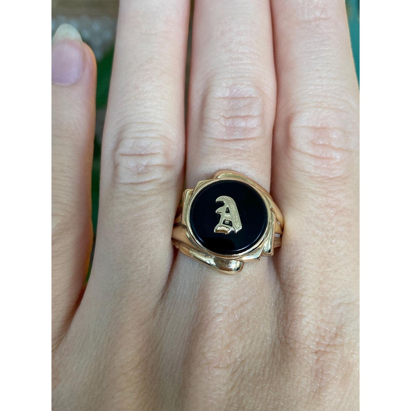 Vintage Solid 10k Yellow Gold Onyx Initial 'A' Ring - Size 11