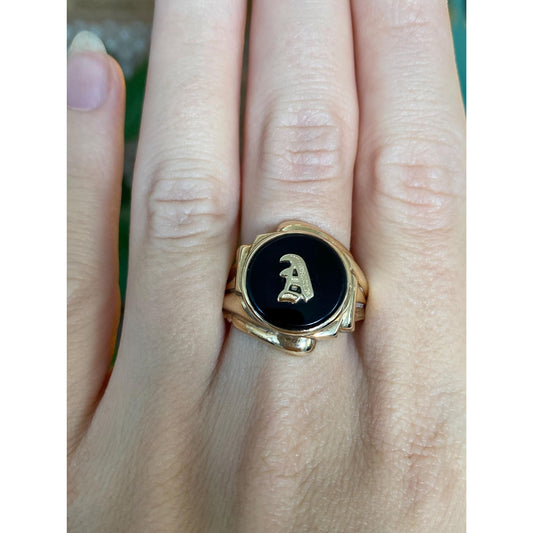 Vintage Solid 10k Yellow Gold Onyx Initial 'A' Ring - Size 11